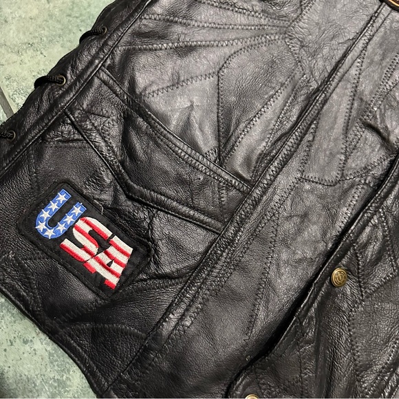 VTG 90s Leather Patchwork Lace Up Sides Motorcycle Biker Vest - Picture 8 of 13